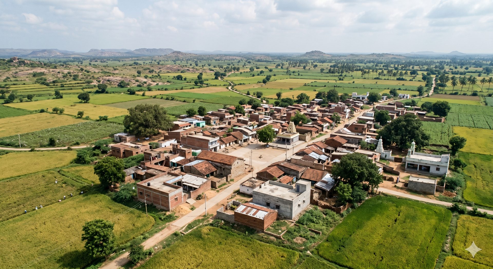 Aerial view of a village and green fields in rural Telangana, India